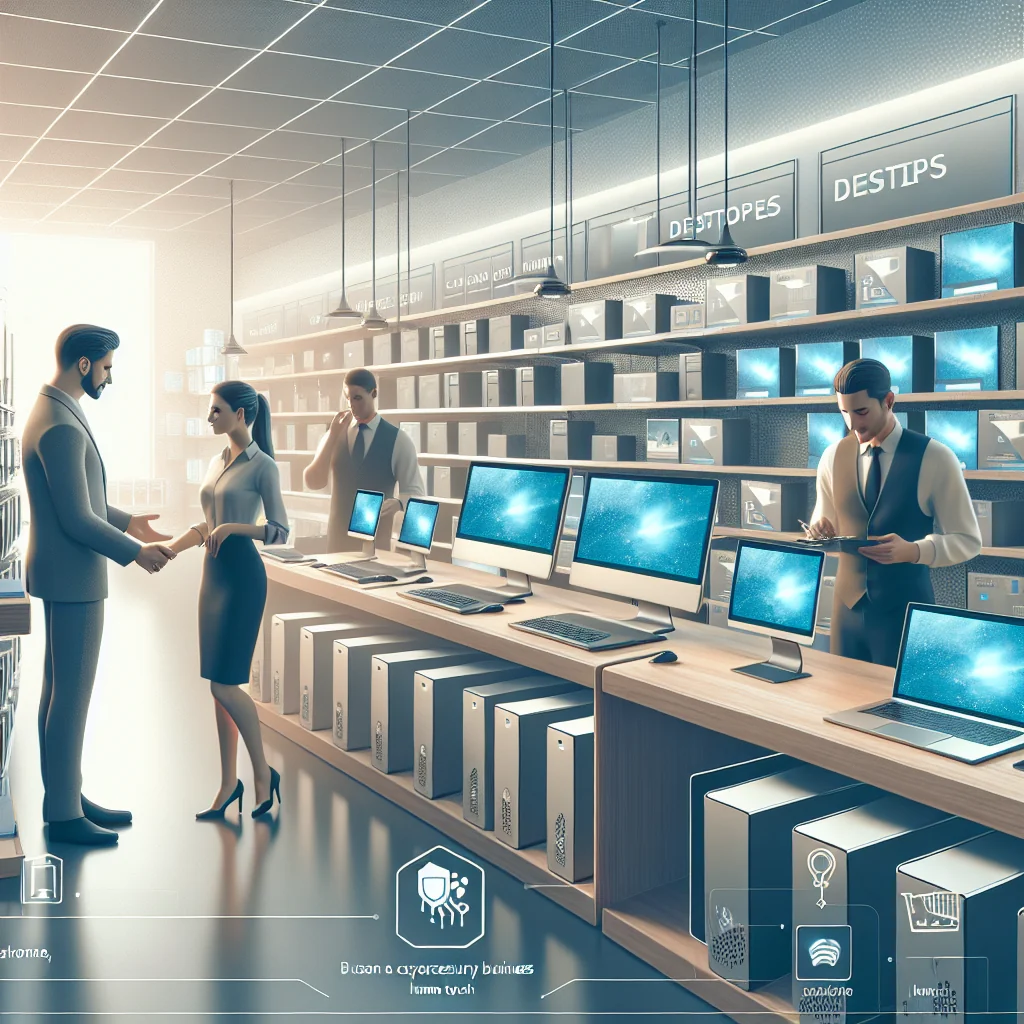 laptops and desktops for sale, tech store, modern shelves, business background