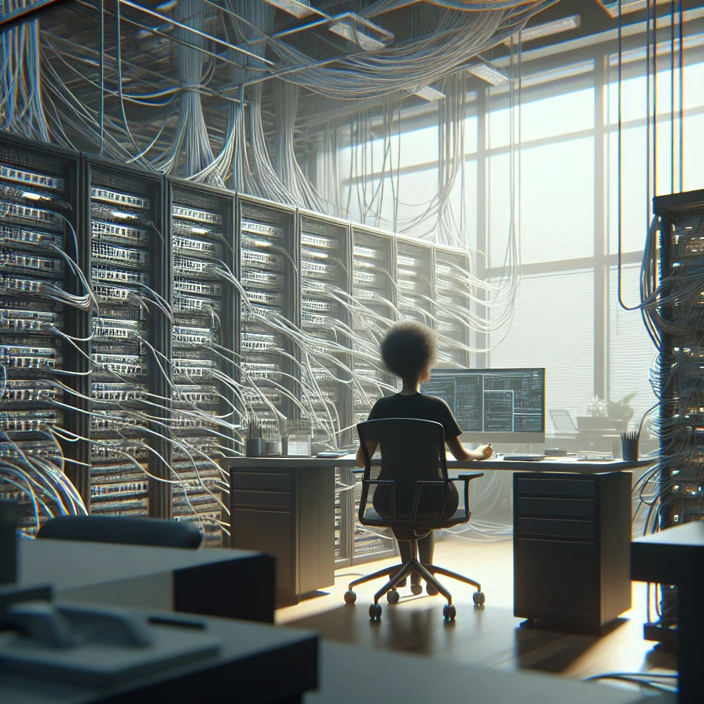 network installation, cables and routers, office environment, IT professional