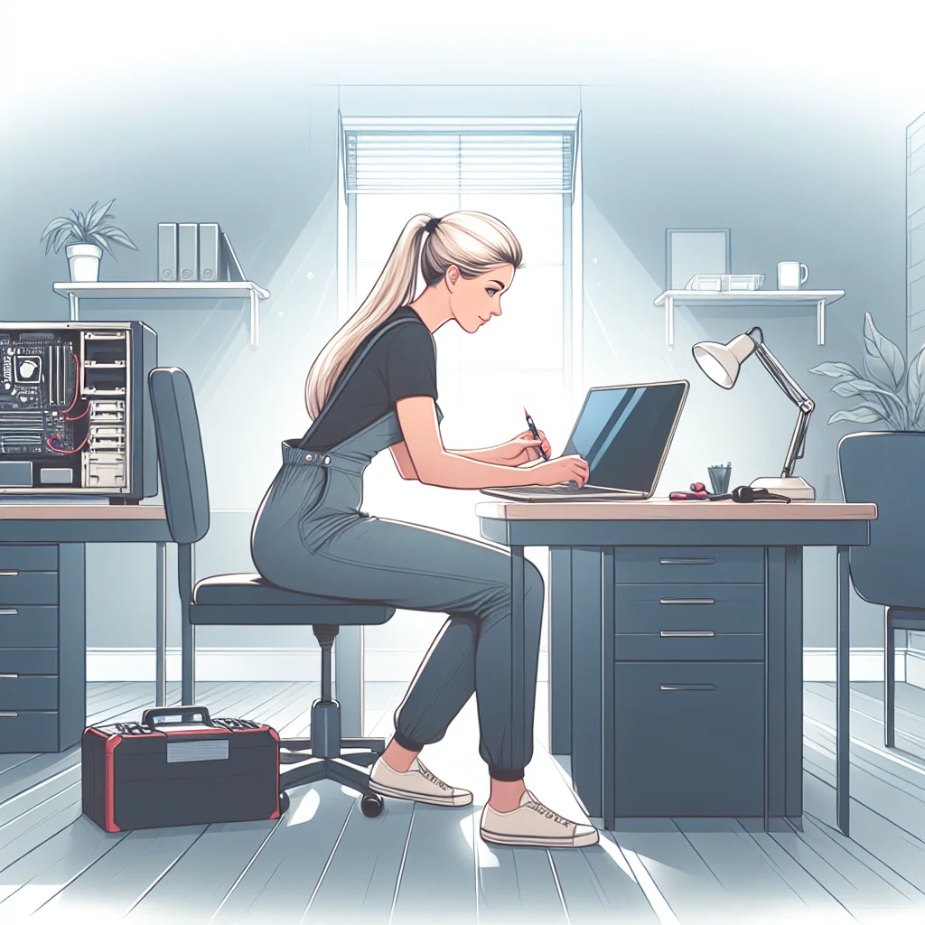 professional computer repair, technician fixing laptop, modern workspace, high detail